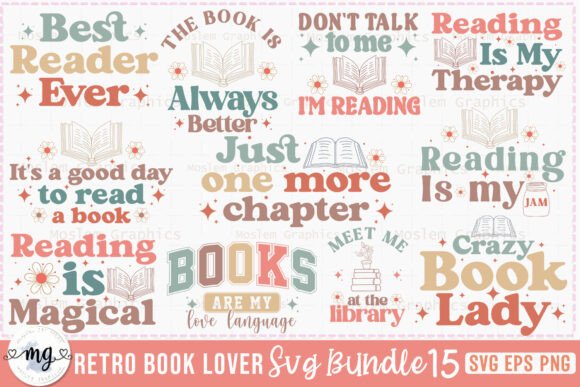 Retro Book Lover SVG Bundle for Graphics and Crafts